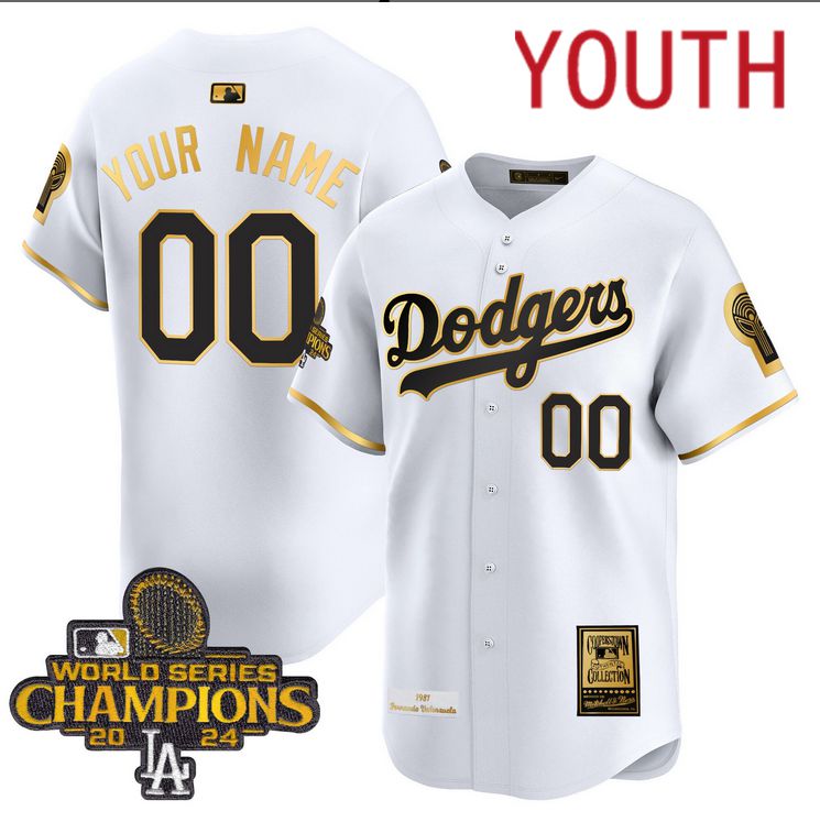 Youth MLB Los Angeles Dodgers Custom white 2024 World Series Champions Patch Cooperstown Jersey style 4->customized mlb jersey->Custom Jersey